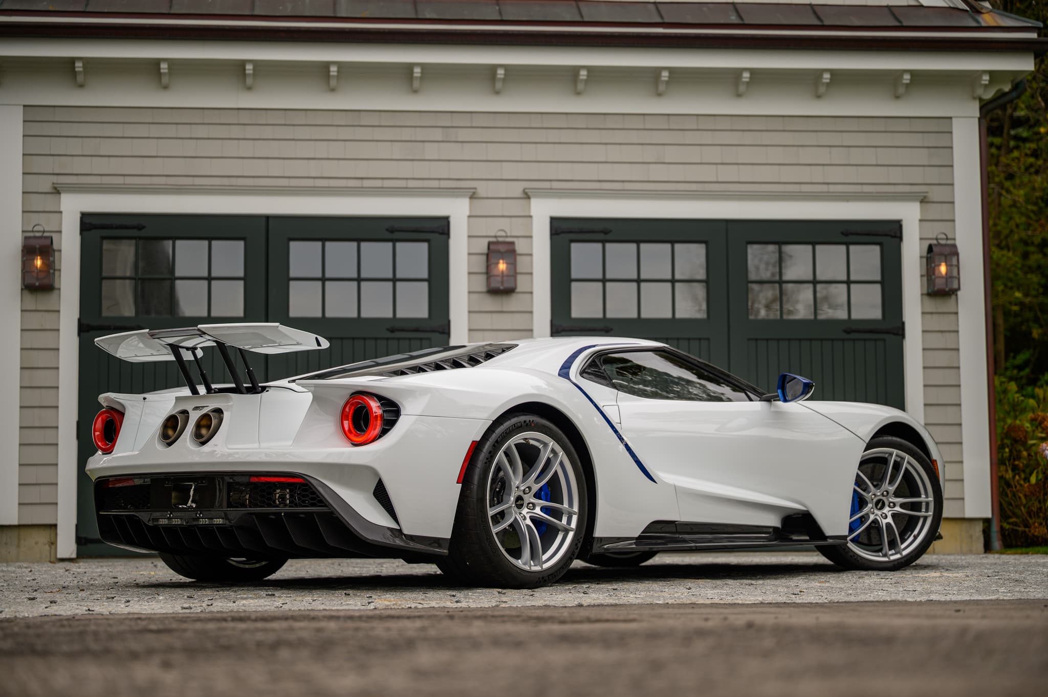 2021 Ford GT rear with glowing taillights — collector car photography Massachusetts