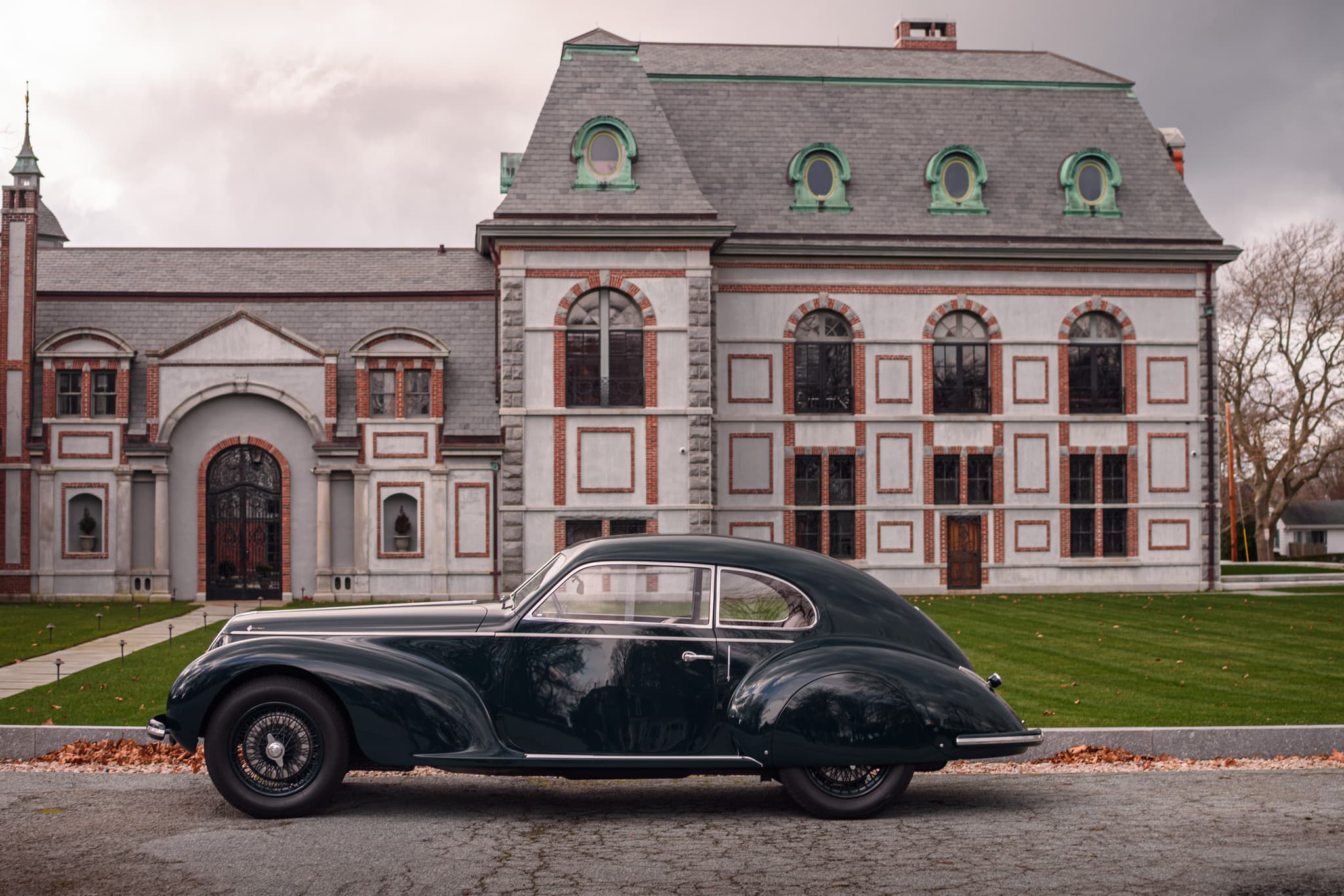 Pre-war Delahaye roadster photographed on the New England coast — auction photography by ViardPhotography